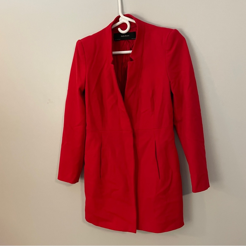 Zara Basic Poppy Red Snap Button Closure Long Bla… - image 1